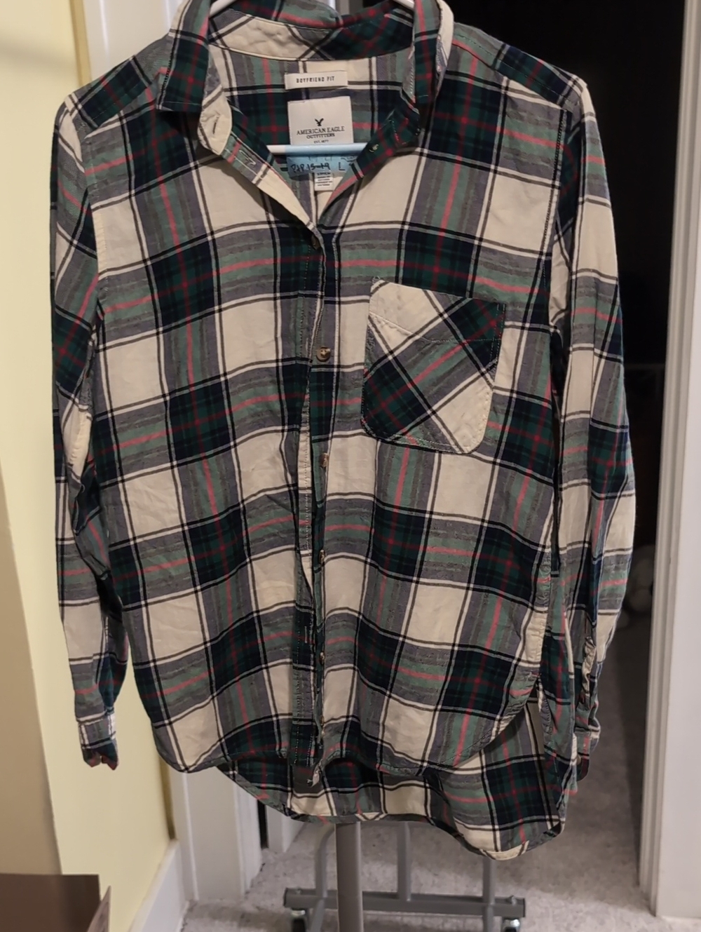 American Eagle Outfitters Cream and Green Plaid Button-Down Shirt